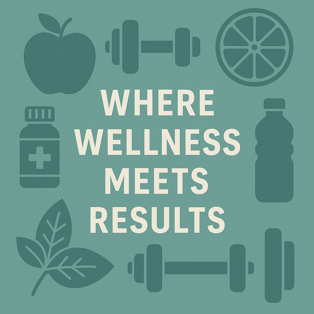 "Graphic background with fitness and wellness icons including dumbbells, apple, supplement bottle, and leaves, featuring the motivational phrase 'Where Wellness Meets Results' — representing the mission of Total Wellness Guide."