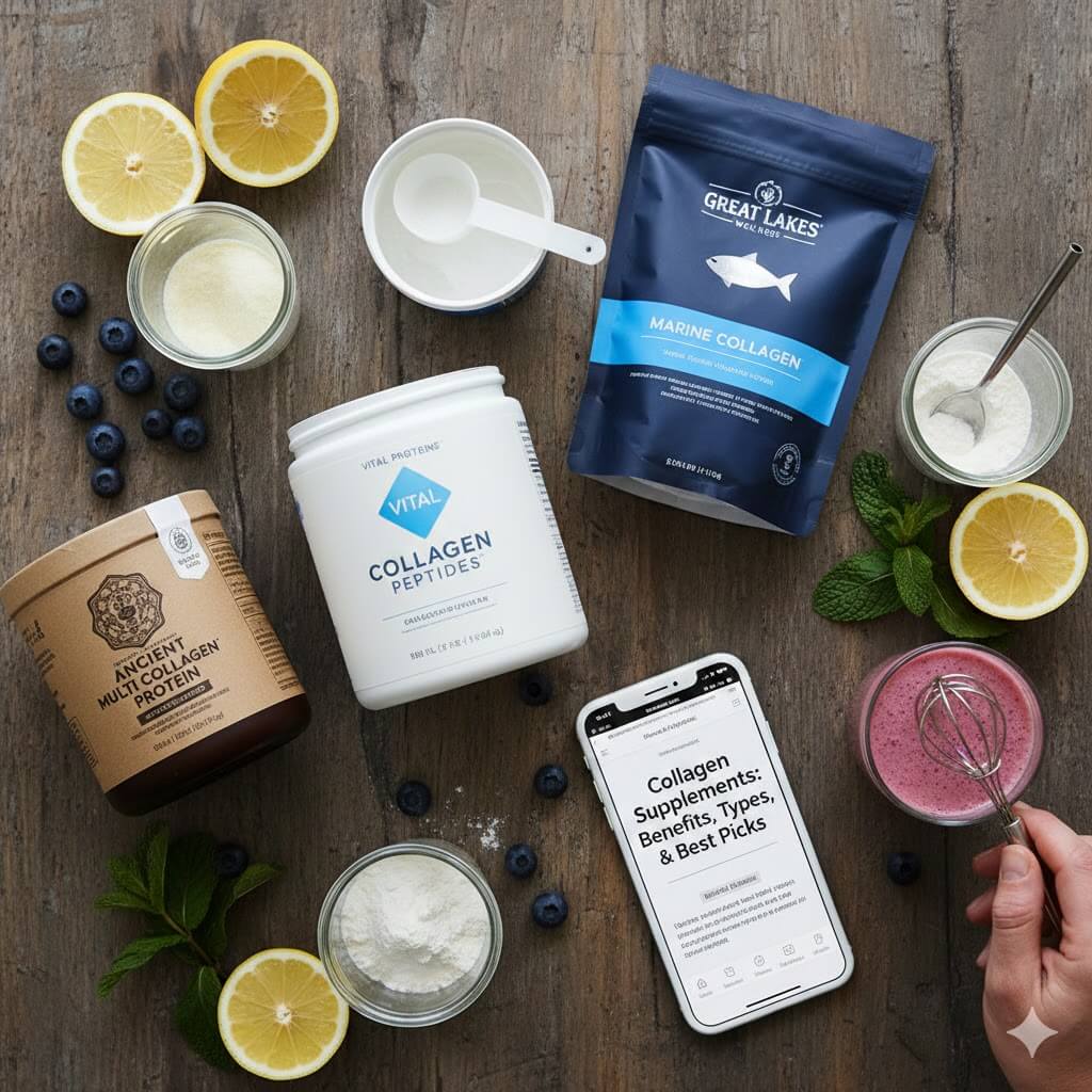 An overhead flat lay showing four containers of different collagen supplements (Vital Proteins, Great Lakes Marine, Ancient Nutrition Multi Collagen, and Orgain) surrounding a smartphone displaying the title "Collagen Supplements: Benefits, Types, & Best Picks," with fresh lemon slices and blueberries scattered around a wooden table.