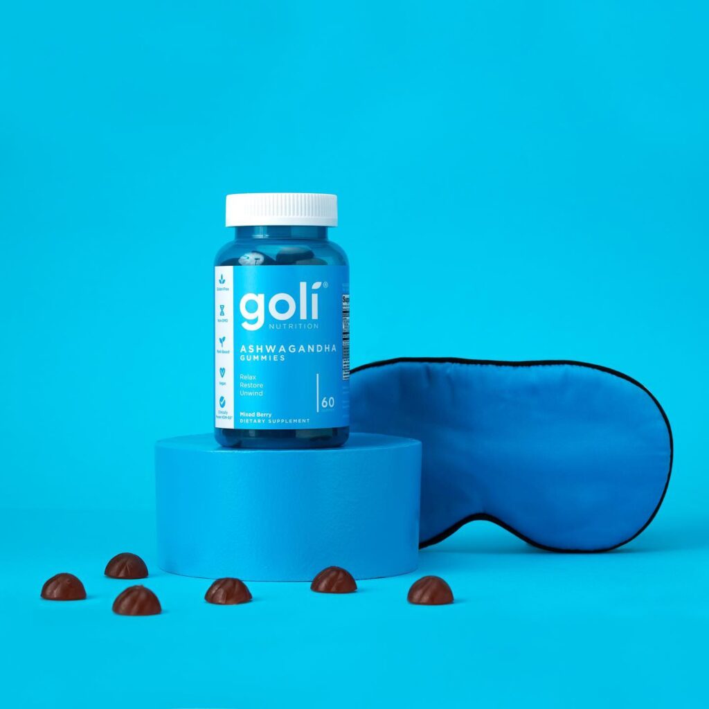 Goli Ashwa - Relax & Unwind Blue bottle of Goli Ashwa gummies with KSM-66 Ashwagandha for a relaxed Goli Gummy Stack